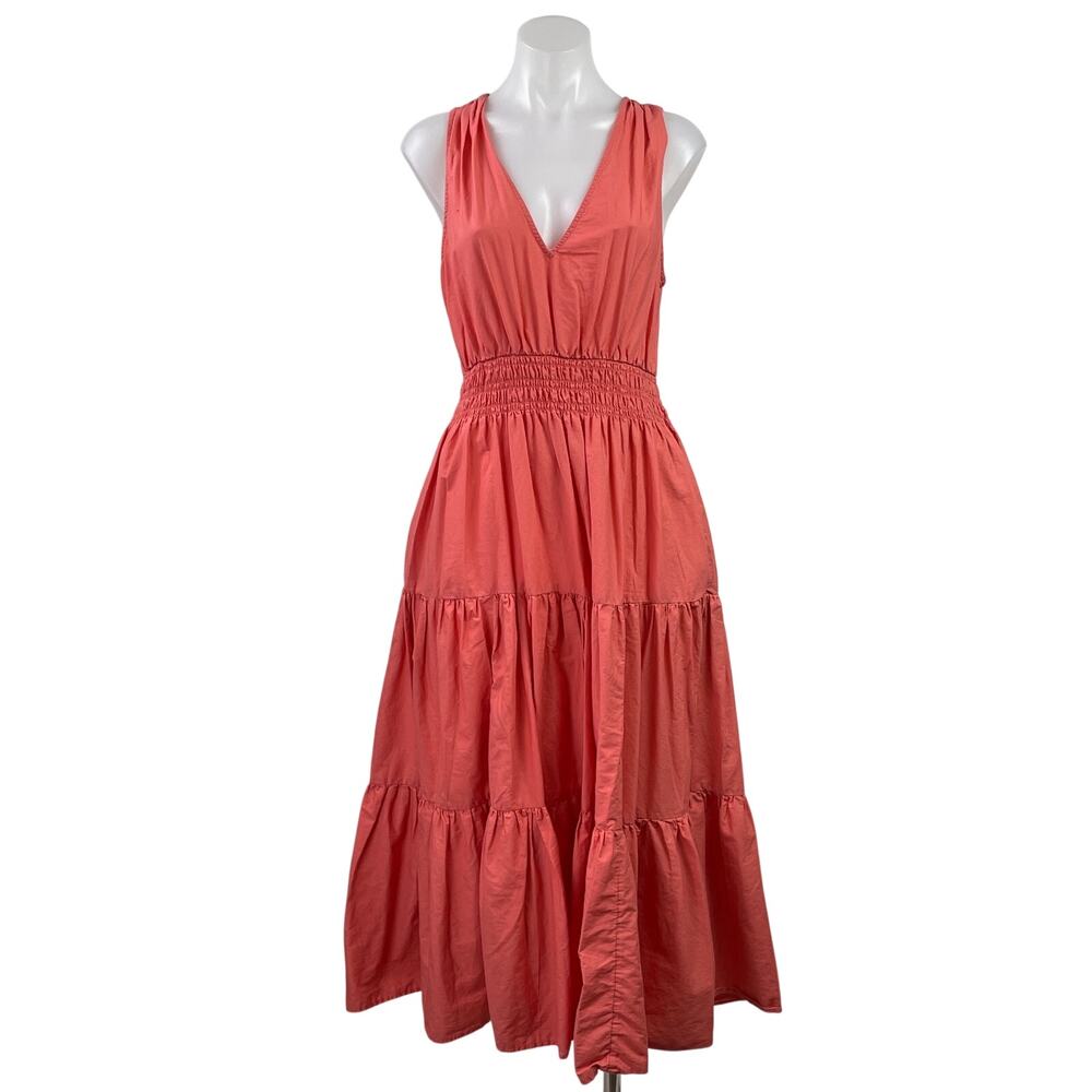 Anthropologie Maeve Coral Orange Sleeveless V-neck Smocked Tiered Maxi Dress 6